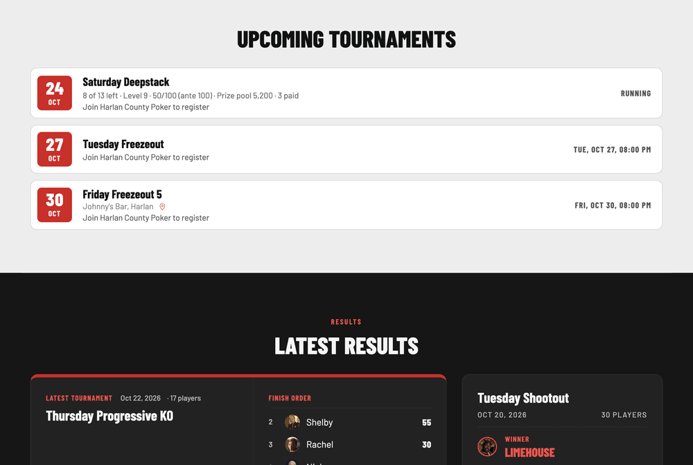 A club website in a dark theme built with Blind Valet Sites