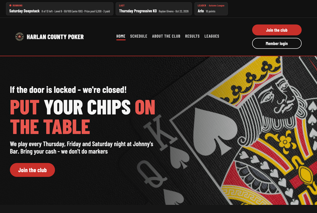 A club website built with Blind Valet Sites, showing the scoreboard, upcoming tournaments and results